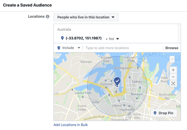 Sådan promoveres din livebegivenhed på Facebook, trin 5, mulighed for at oprette et gemt publikum baseret på begivenhedsplacering