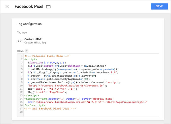 I Google Tag Manager skal du klikke på indstillingen Custom HTML og indsætte den sporingskode, du kopierede fra Facebook, i HTML-feltet.