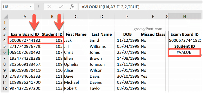 En VLOOKUP-formel, der returnerer en VALUE-fejl i Excel