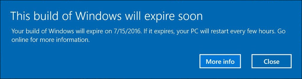 Windows 10 Insider-preview bygger alarmere brugere med udløbsmeddelelser