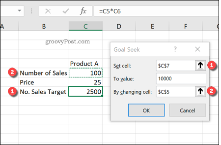 Brug af målsøgning i Excel