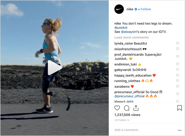 Nike Instagram-indlæg, der promoverer IGTV