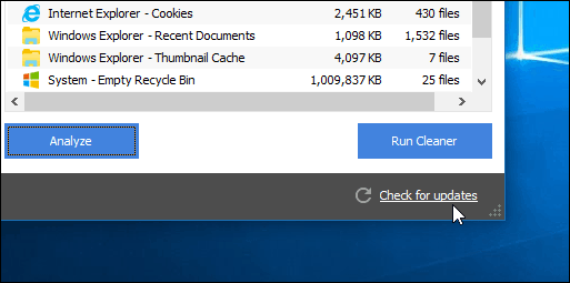 CCleaner Kontroller for opdatering