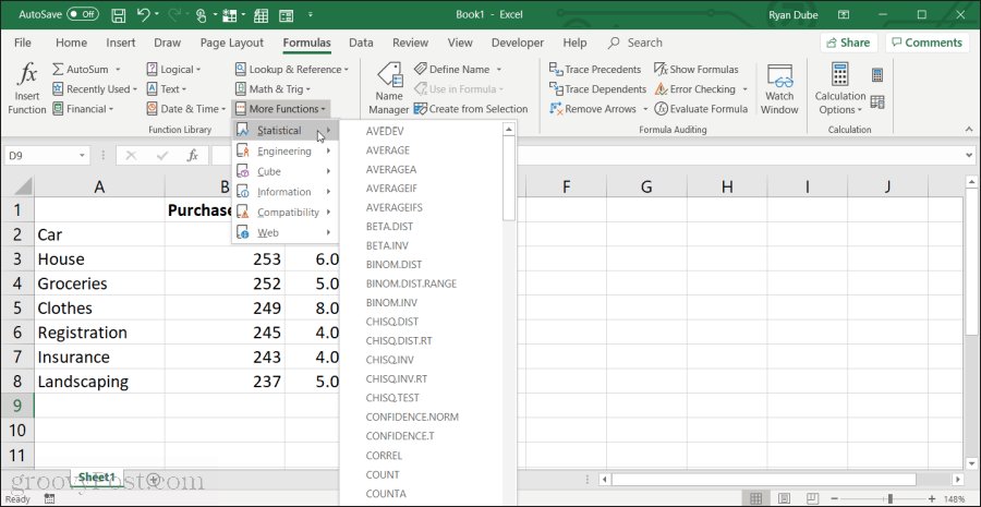 Valg af gennemsnit i Excel