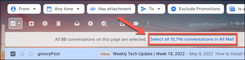 Valg af alle e-mails i en mappe i Gmail