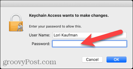Indtast brugernavn og adgangskode til Keychain Access