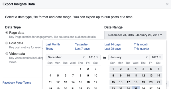 Du kan ændre datointervallet for de Facebook Insights-data, du downloader.