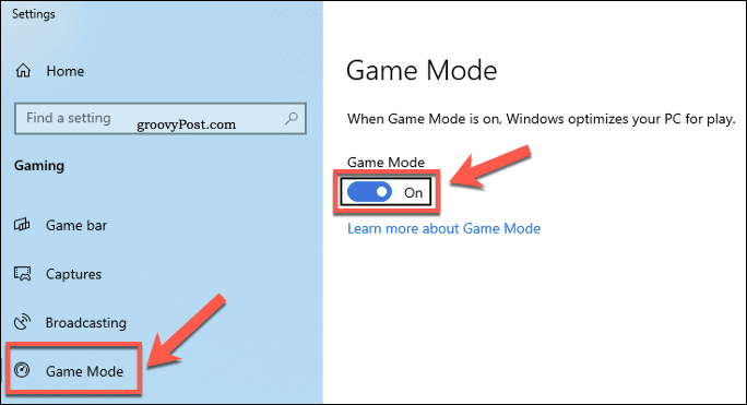 Windows-indstillinger Game Mode Menu