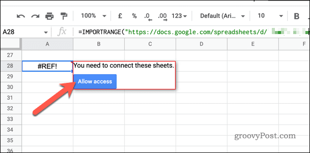 IMPORTRANGE Tillad adgang-knap i Google Sheets