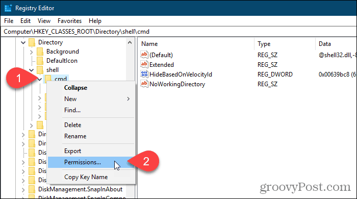 Højreklik på en registreringsdatabase nøgle og vælg Tilladelser i Windows Registry Editor