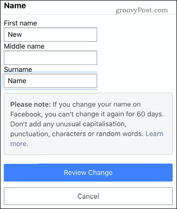 Redigering af et navn i Facebook-mobilappen