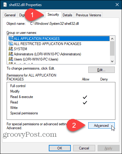 Klik på Avanceret i dialogboksen Egenskaber i Windows Registry Editor