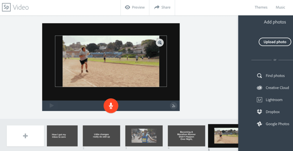 I Adobe Spark kan du vælge en skabelon og tilpasse den med tekst, billeder og videoklip.