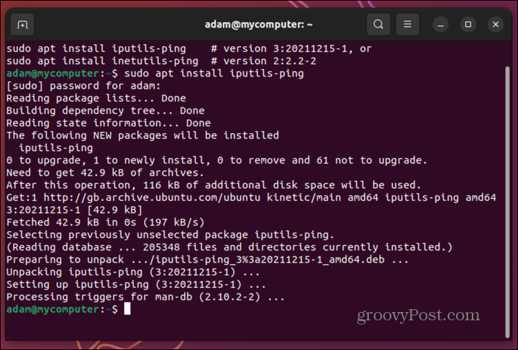 ubuntu installere ping