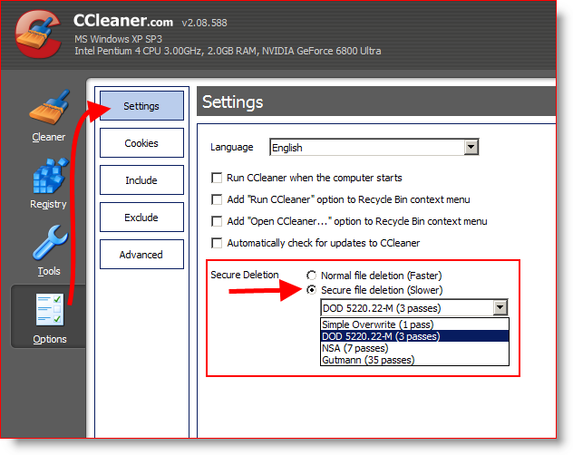 Konfigurer CCleaner til ordentligt at slette og slette filer 3 gange eller DOD 5220.22-M