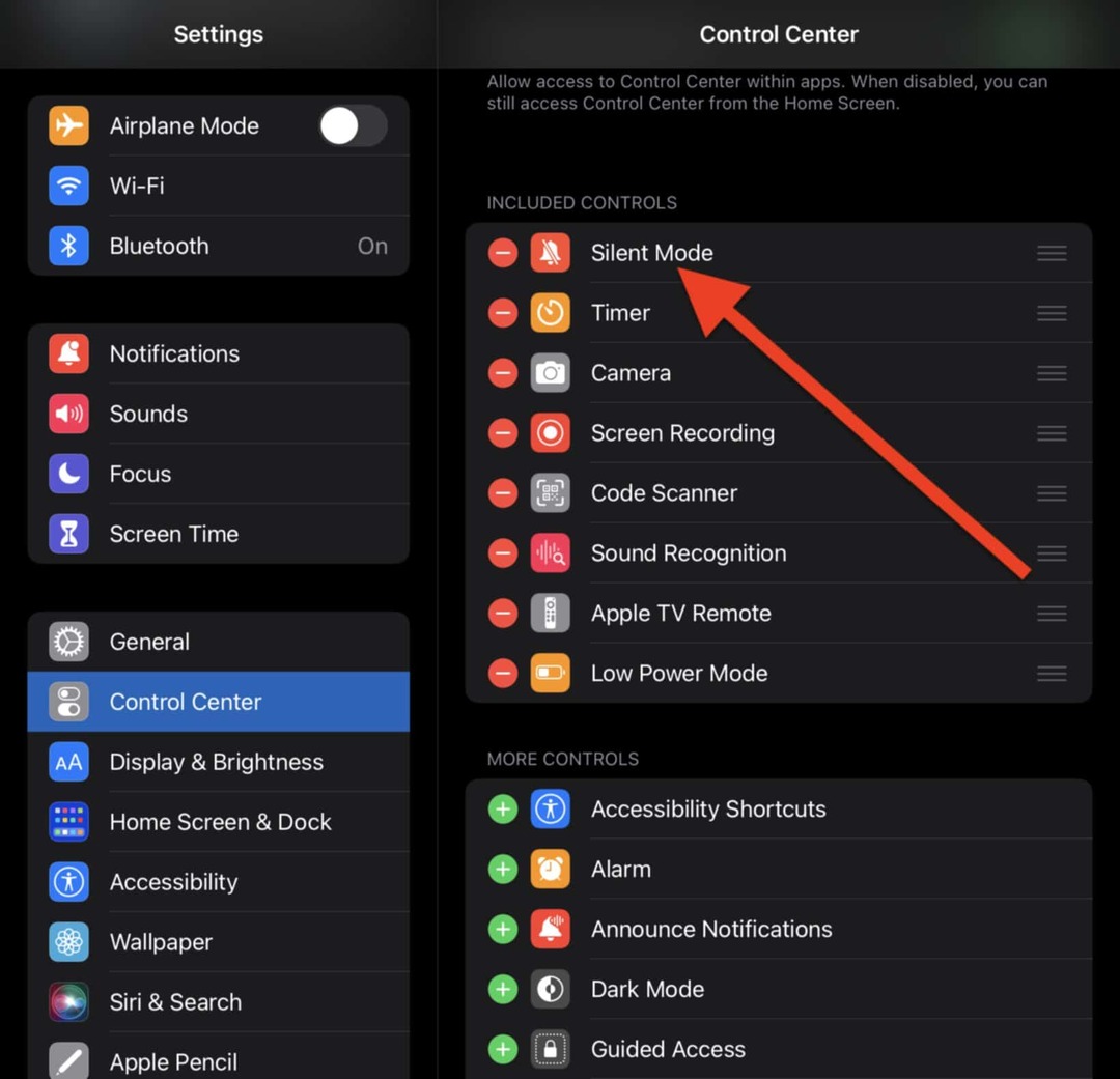 Føj Silent Mode til Control Center i appen Indstillinger, hvis den ikke allerede er tilføjet