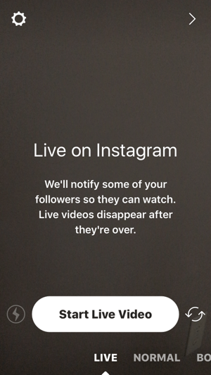 Tryk på kameraikonet, og tryk derefter på Start Live Video for at starte din Instagram live stream.