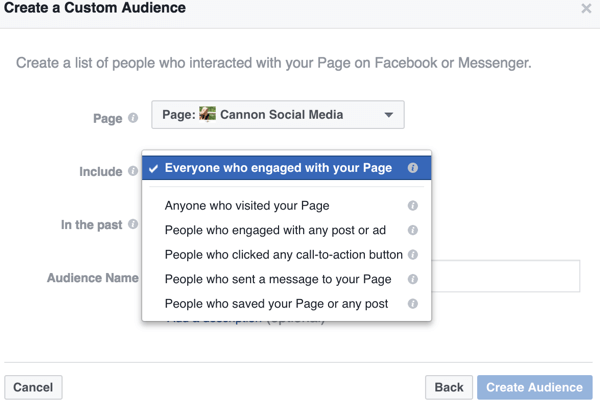 Når du indsnævrer mulighederne for din brugerdefinerede Facebook-målgruppe, finder du specifikke måder at definere det publikum, du vil målrette mod, såsom disse sidespecifikke interaktioner.