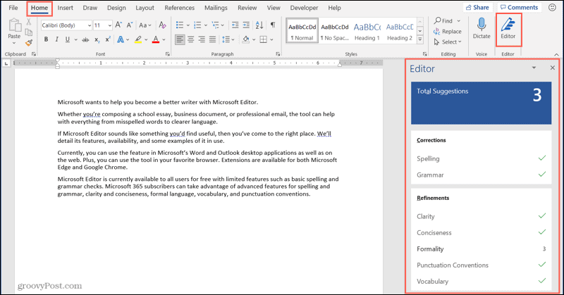 Microsoft Editor-knap og sidebjælke i Word-skrivebordet