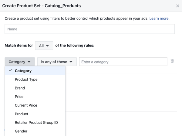 Brug Facebook Event Setup Tool, trin 28, Facebook-menupunkt til at anvende filtre, som produkter vises til kunder
