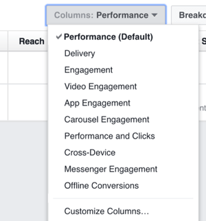Klik på rullelisten Kolonner for at få mulighed for at ændre de kolonner, du ser i Facebook Ads Manager.