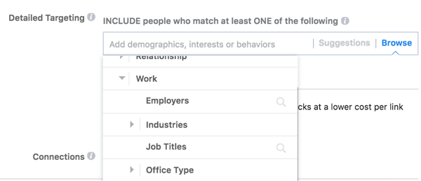 Facebook tilbyder detaljerede målretningsindstillinger baseret på dit publikums arbejde.