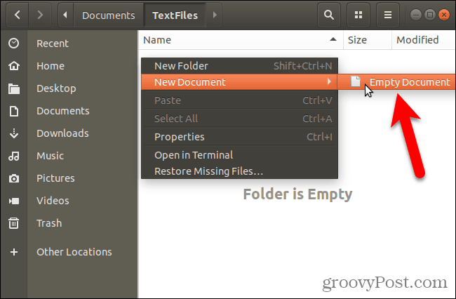 Opret et nyt, tomt dokument i Nautilus i Ubuntu Linux