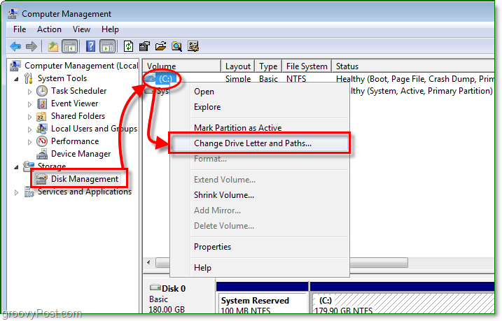 Brug diskstyringsfunktionen til at åbne dialogboksen Ændre drevbogstav i windows 7