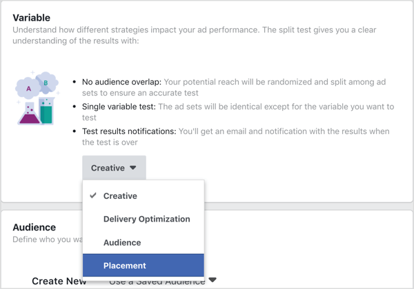 Vælg Placering som den variabel, der skal testes med Facebook split test