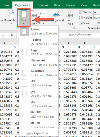 Valgmuligheder for Excel-sidestørrelse