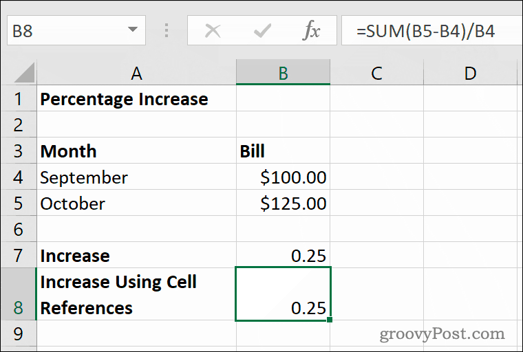 Et eksempel på procentvis stigning i Microsoft Excel