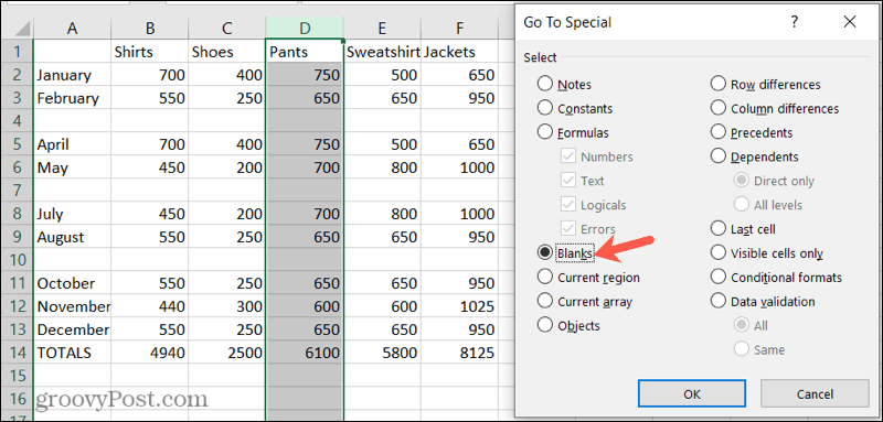 Gå til Special, find Blanks