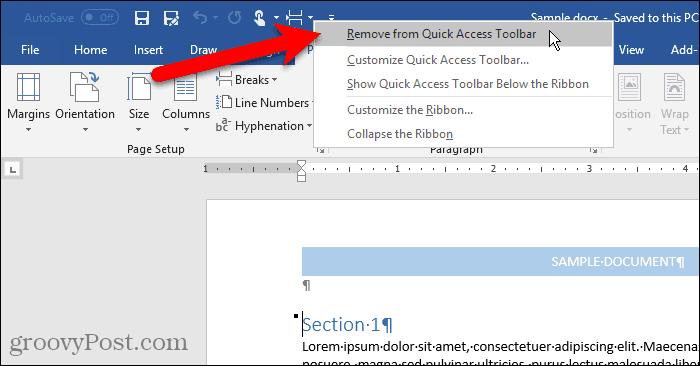 Fjern fra Quick Access Toolbar