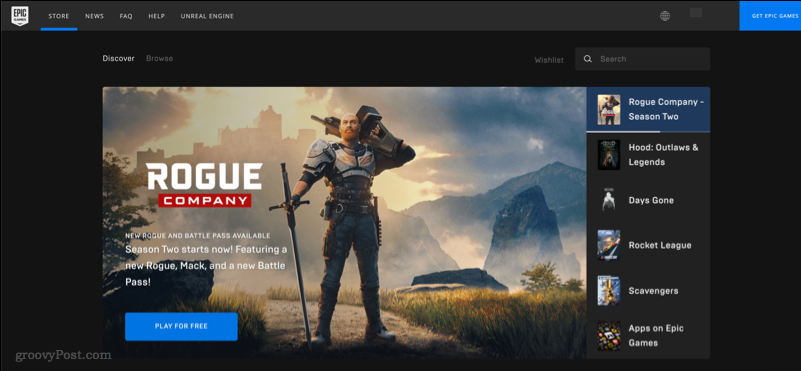 Et skærmbillede, der viser webstedet Epic Games Store