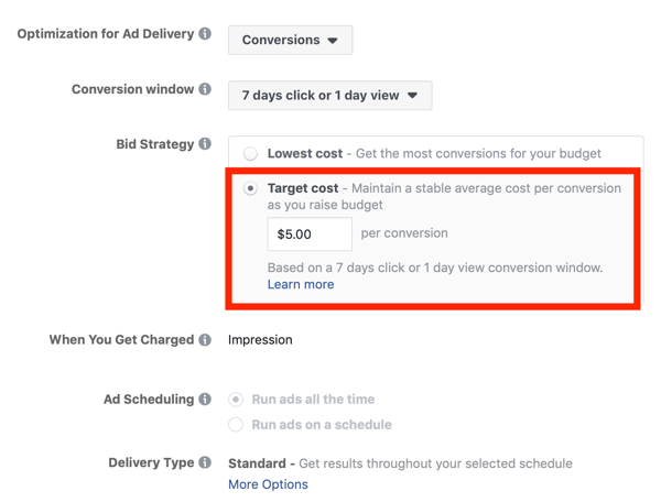 Tips til at sænke dine Facebook-annonceomkostninger, mulighed for at indstille budstrategi til at målrette omkostninger