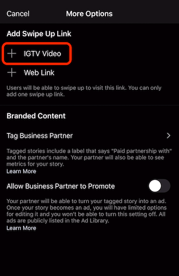 mulighed for at tilføje stryg op link til IGTV video