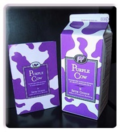 Den første udgave af Purple Cow kom i en mælkekarton.