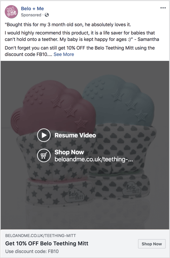 Denne Facebook-annonce bruger en diasshow-video til at promovere en rabat på et bestemt produkt.