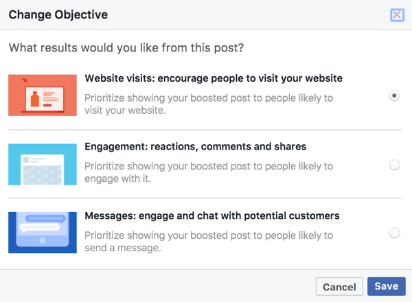 De objektive muligheder for boostede indlæg er baseret på de medier, der bruges i dit Facebook-indlæg.