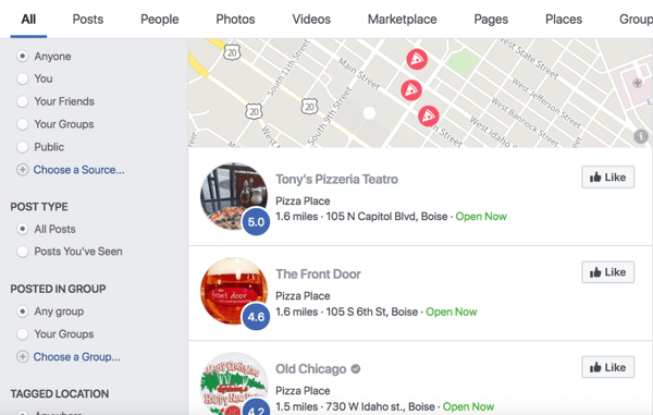Facebook-søgeresultat for pizza.