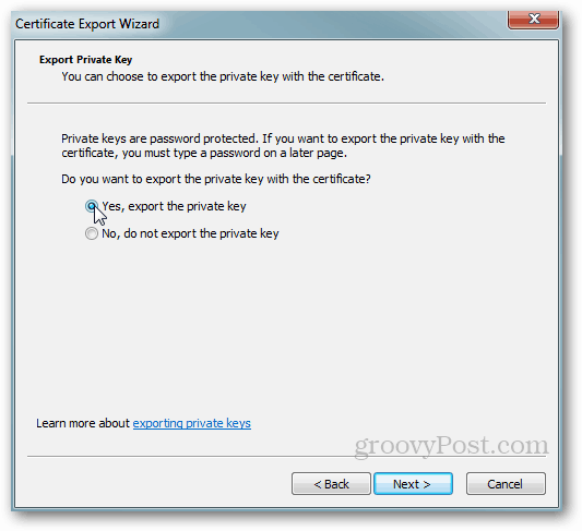 Eksport af Windows-certifikat - Privat nøgle Ja