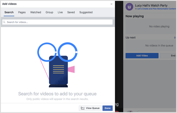 Vælg en kilde for at tilføje videoer til din kø for Facebook-fest.