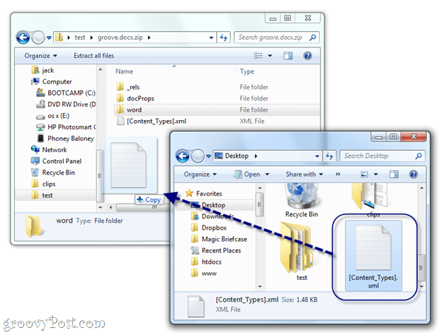 manuelt redigere docx xml i Windows 7