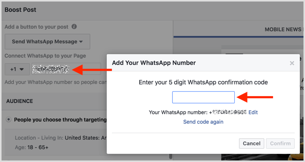 Indtast den bekræftelseskode, du modtog via SMS for at forbinde din WhatsApp Business-konto med Facebook.