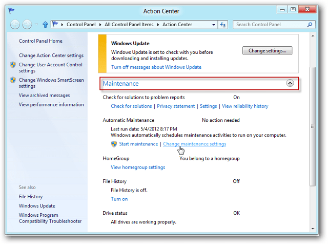 Sådan bruges Windows 8 automatisk vedligeholdelse