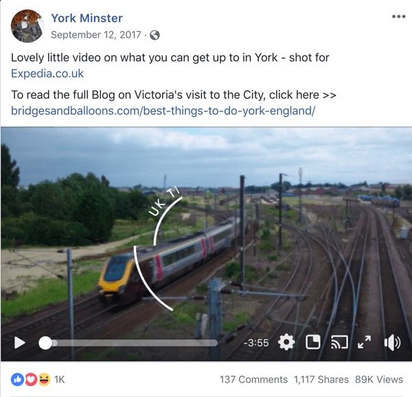 Eksempel på Facebook-indlæg med turistinformation fra York Minster.