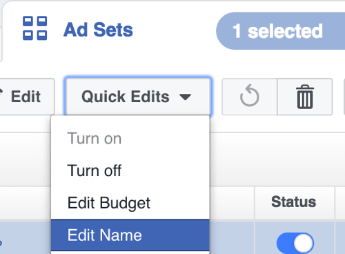 I Facebook Power Editor skal du vælge Rediger navn i rullemenuen Hurtige redigeringer.