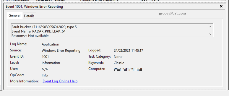Et eksempel på en Windows-fejlrapport