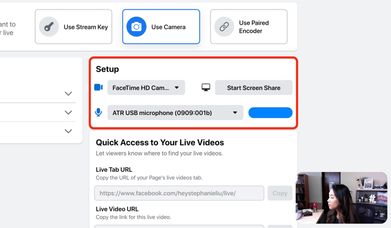 facebook live stream opsætningsmulighed for at vælge dit kamera og din mikrofon og / eller skærmdeling