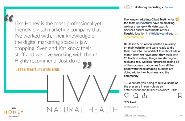 Eksempel på et klienthistorie-Instagram-indlæg af Like Honey Marketing.